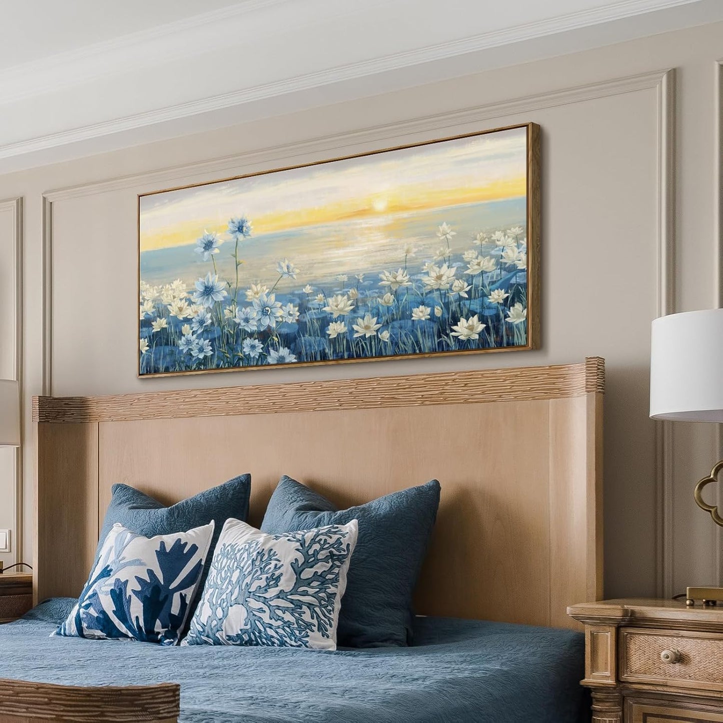 Large Framed Wall Art for Living Room Bedroom Office Decor, Modern Beach Canvas Wall Art Coastal Ocean Nature Blue Artwork Floral Sunrise/Sunset Zen Landscape Flower Wall Picture 48x24“