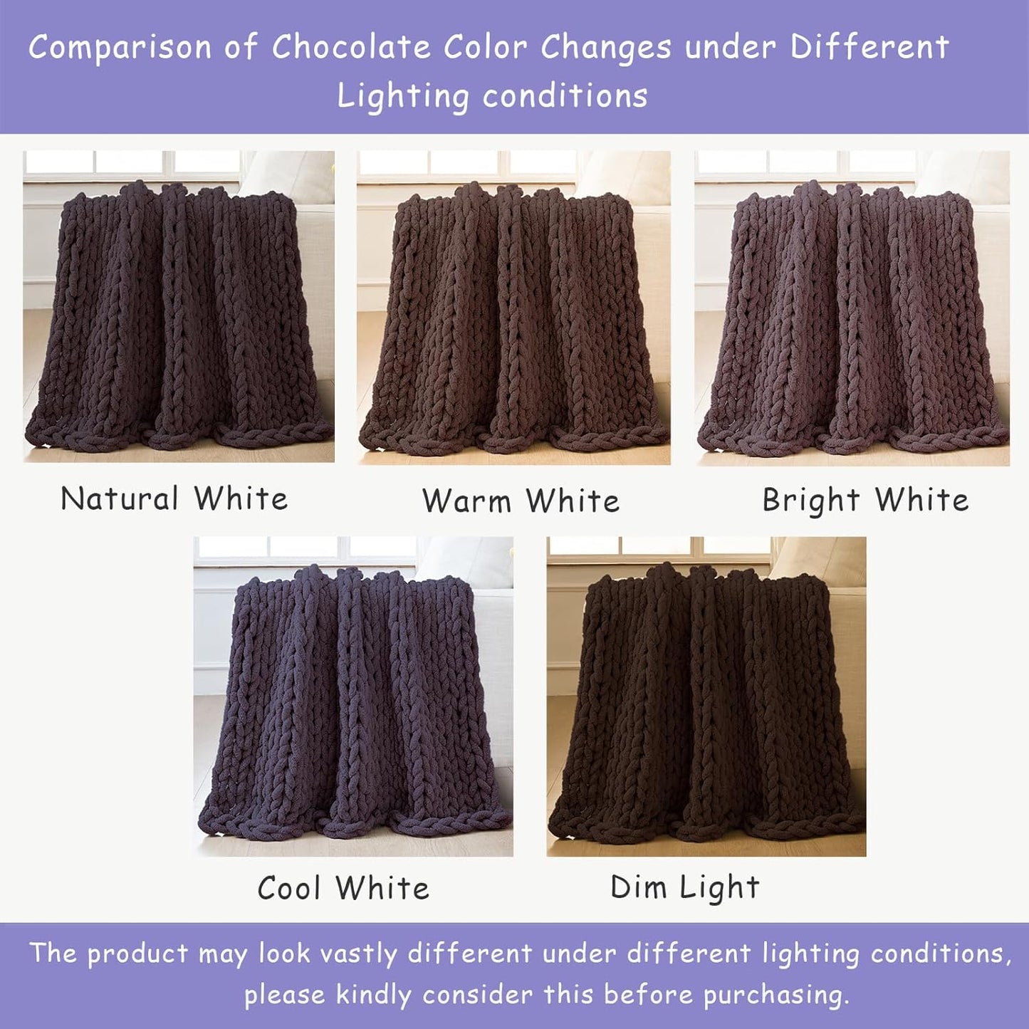 Bigacogo Chunky Knit Throw Blanket for Couch, 40x40 inches, 100% Hand Knitted with Thick Jumbo Chenille Yarn, Cozy Soft Large Rope Knot Cable Crochet Blankets for Sofa Bed Living Room, Chocolate