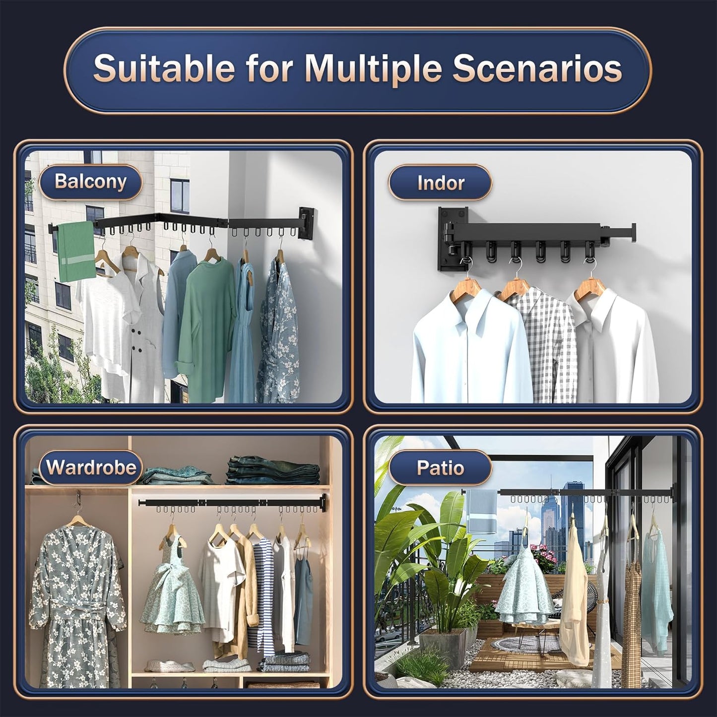 Space Saver Clothes Drying Rack, Wall Mounted, Retractable, Collapsible(Tri-Fold), for Balcony, Bathroom, Black Color