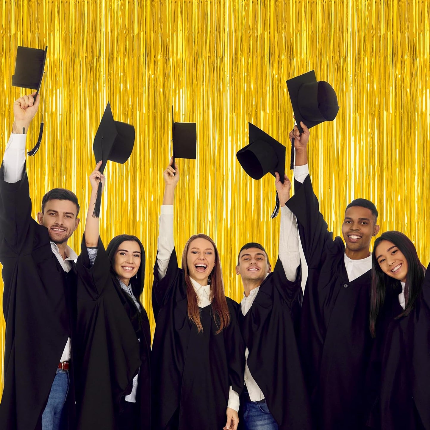 12 Pack 2025 Graduation Decorations, 3.28 FT x 7.05 FT Gold Backdrop Curtains, Metallic Class of 2025 Backdrop Fringe Curtains Foil Streamer, Gold Grad Decorations 2025 Party Supplies