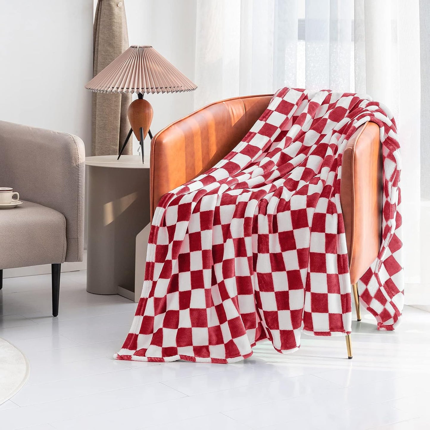 LOMAO Throw Blankets Flannel Blanket with Checkerboard Grid Pattern Soft Throw Blanket for Couch, Bed, Sofa Luxurious Warm and Cozy for All Seasons (Red, 50"x60")