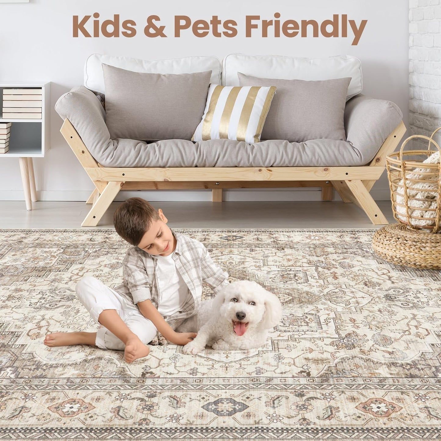 Washable Area Rugs for Living Room - 10x14 Neutral Vintage Distressed Floral Farmhouse Boho Large Soft Floor Rug Indoor Non Slip Carpet for Bedroom Dining Room Office - Brown/Multi