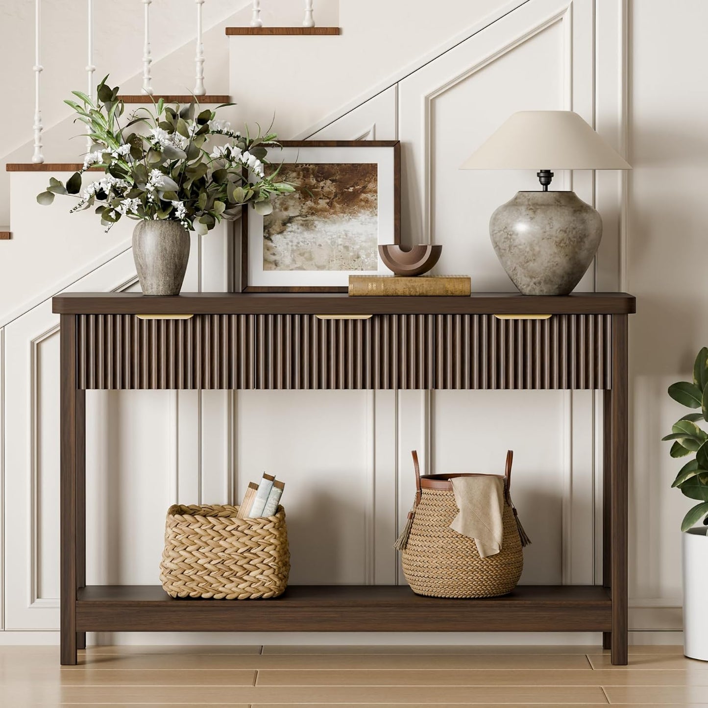 Lulive 51" Fluted Console Table for Entryway, Entryway Table with 3 Wooden Drawers, Farmhouse Behind Sofa Table for Living Room, Hallway, Couch, Foyer