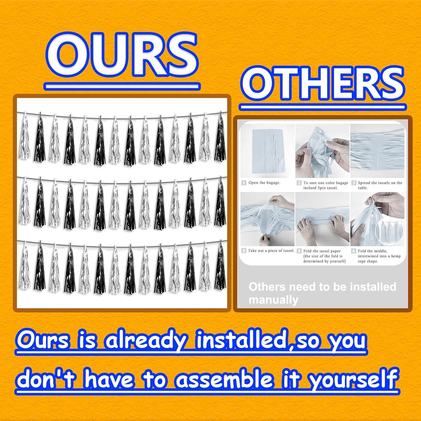 3P Black Silver Foil Fringe Metallic Tassel Streamers Banner Tassel Garland for Parade Floats, Graduation, Wedding, Birthday, Halloween, Christmas, Bridal/Baby Shower Party Decorations