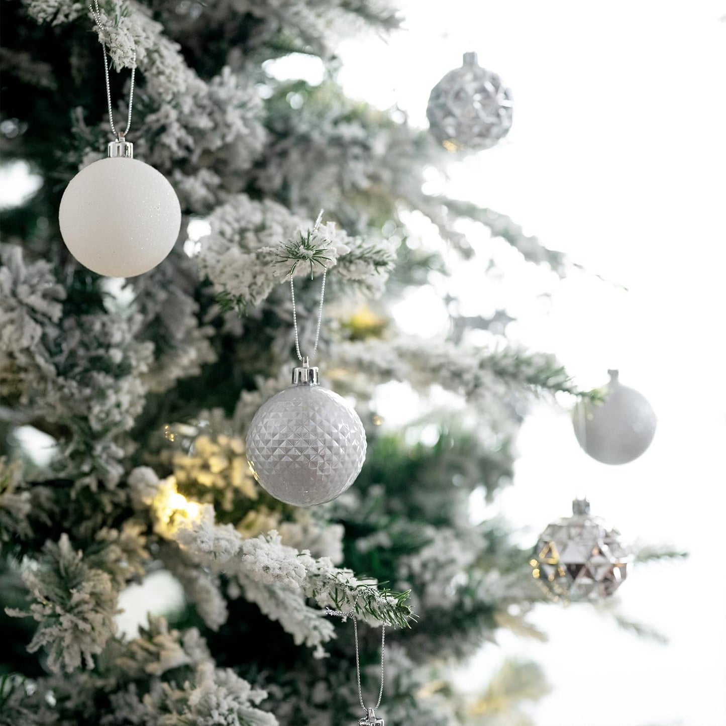 Valery Madelyn Christmas Tree Decorations Ornament Set for Fall Halloween, 50ct 2 Inches White and Silver Shatterproof Christmas Ball Ornaments Hanging Xmas Holiday Party Decor