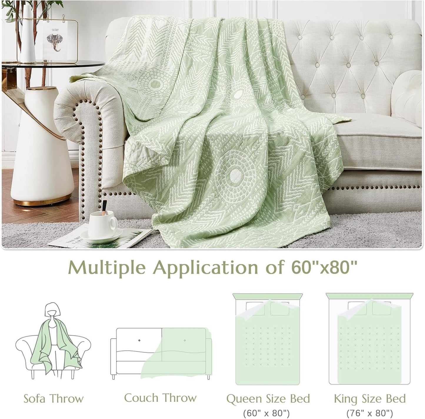 jinchan Boho 100% Cotton Blanket Muslin Lightweight Twin Size Throw Blanket Reversible for Couch Soft Cozy All Season 3-Layer Throw Coverlet Blanket for Bedroom Living Room Decor Green 60x80 Inches