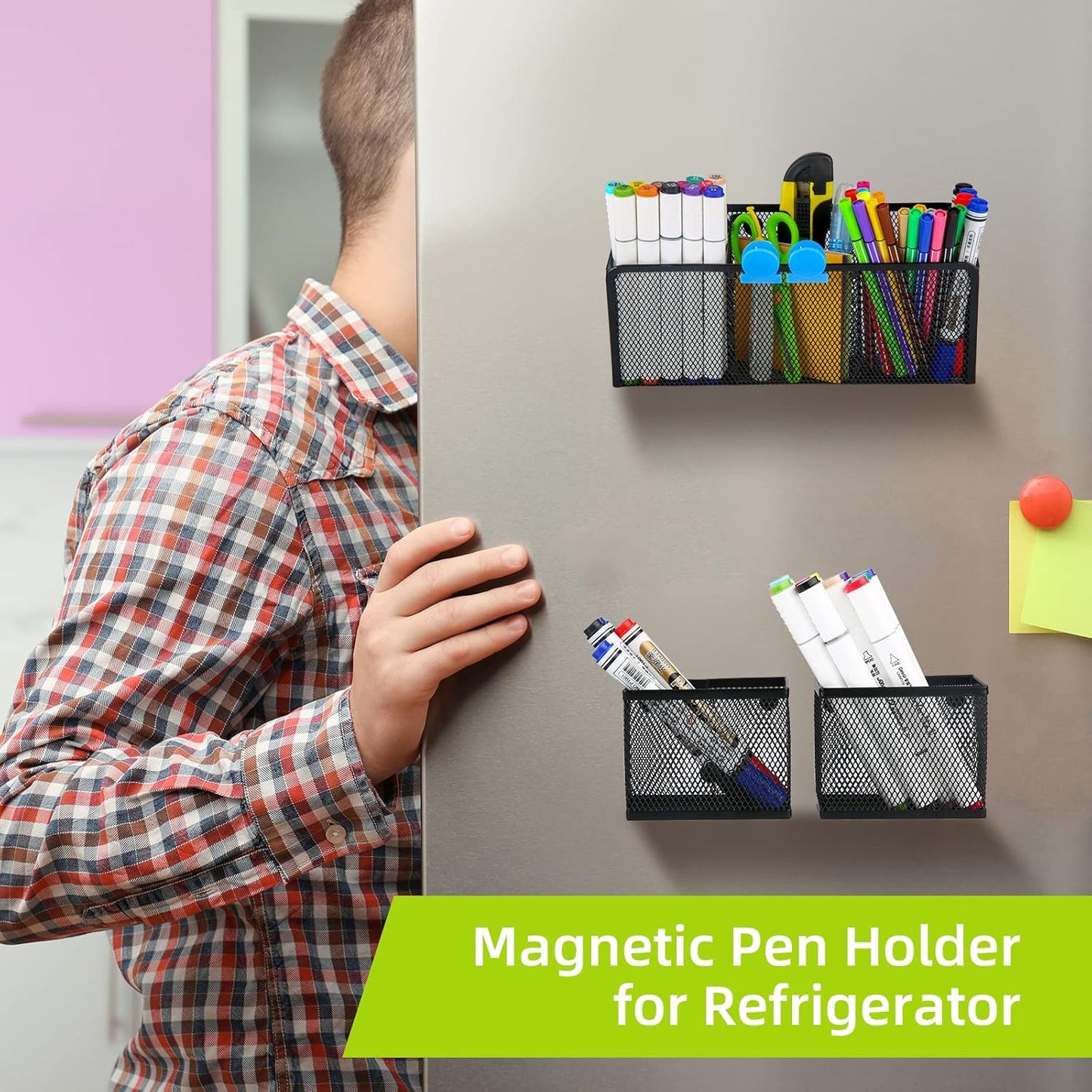 Neudeco Magnetic Pencil Holder, Locker Shelf Organizer, Metal Storage Basket for Whiteboard, Refrigerator, Ideal Cabinet for School, Black (Pack 4)