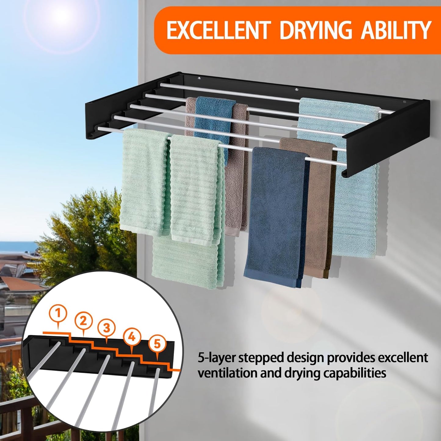 FOCHIER F Laundry Drying Rack Wall Mounted Clothes Drying Rack Collapsible with 5 Aluminum Rods and Drilling Template Long Screwdriver Bit 60 lbs Capacity (Black, 31.5")