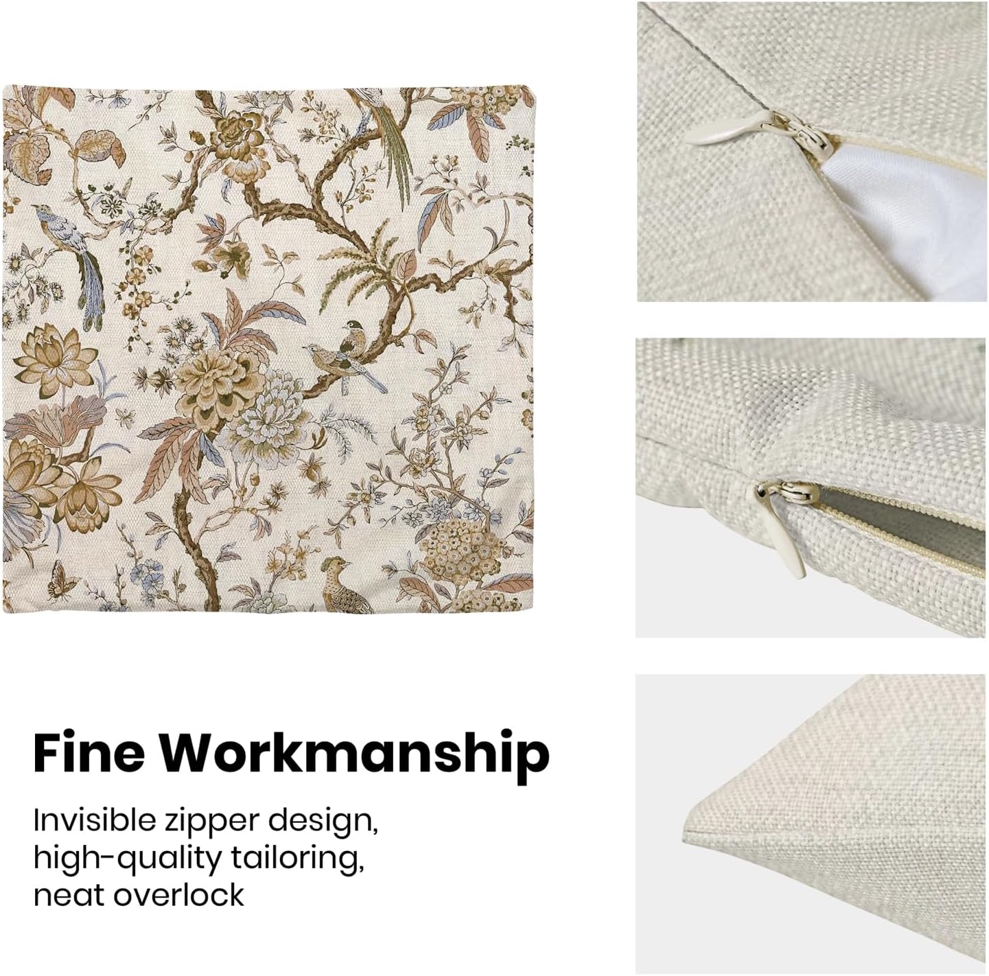 CXMEIFLY Spring Floral Birds Pillow Covers 20 x 20 Inch Set of 2 for Chinoiserie Flowers Decor Throw Pillows Brown and White Plant Outdoor Decorative Cushion Cases for Couch Bed Decorations