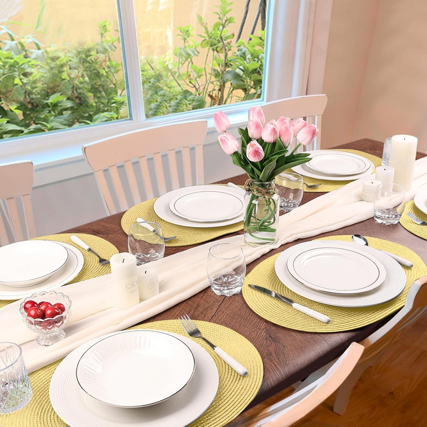 AHHFSMEI Placemats Set of 6 for Dining Table Washable Woven Vinyl Non-Slip 18x12 inches Placemat Heat-Resistant Durable Table Mats for Dining Table Easy to Clean (Wheat Yellow)