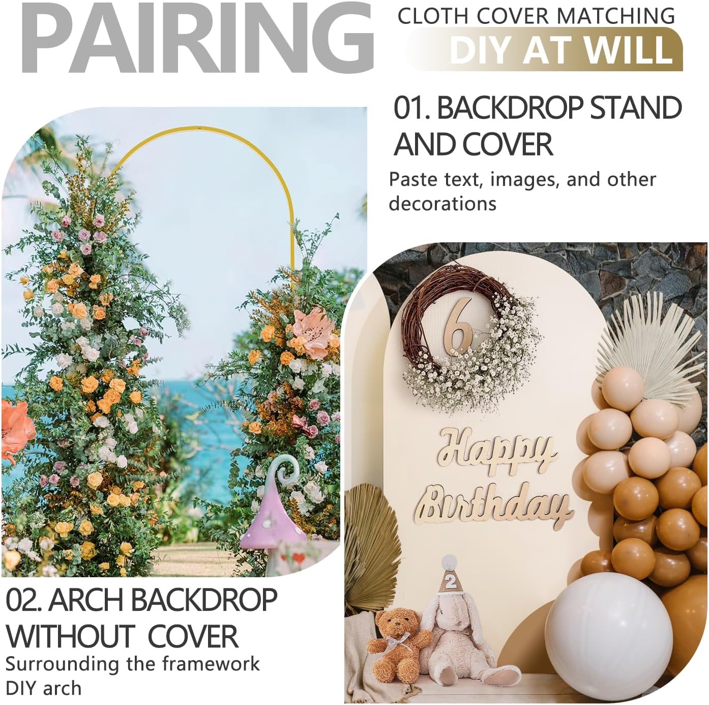 Arch Backdrop Stand and Cover Set, Metal Balloon Arch Backdrop 6.6ft, Gold Arched Stand Frame for Wedding, Parties,Birthday, Backdrop Decorations (Beige,6.6ft)