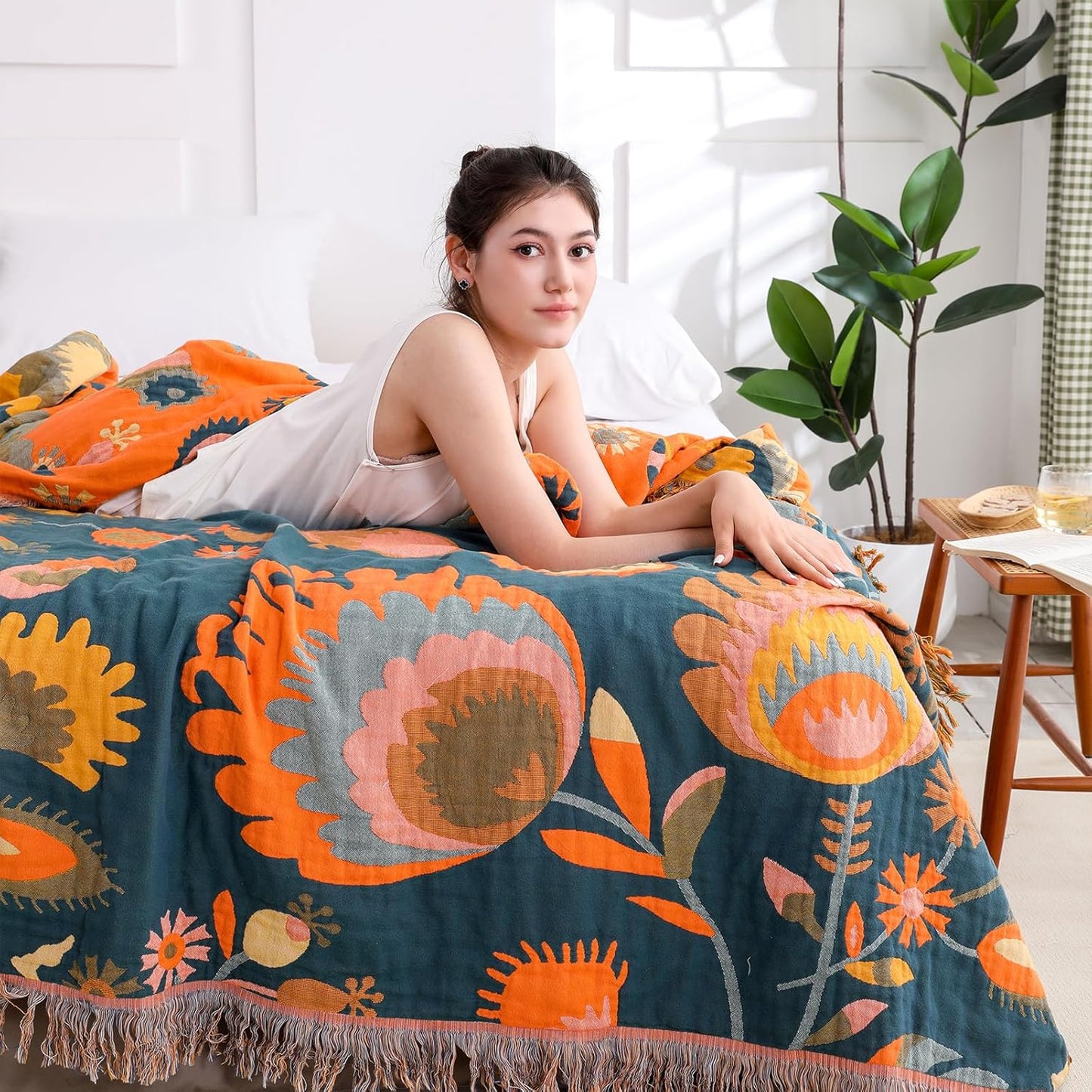 Snycler Boho Throw Blanket for Bed, 100% Organic Cotton Muslin Soft Throw-Orange Boho Floral Farmhouse Rustic Spring Summer Fall Decor Blanket for Couch Sofa Quilt and Gift, 60" x 80"
