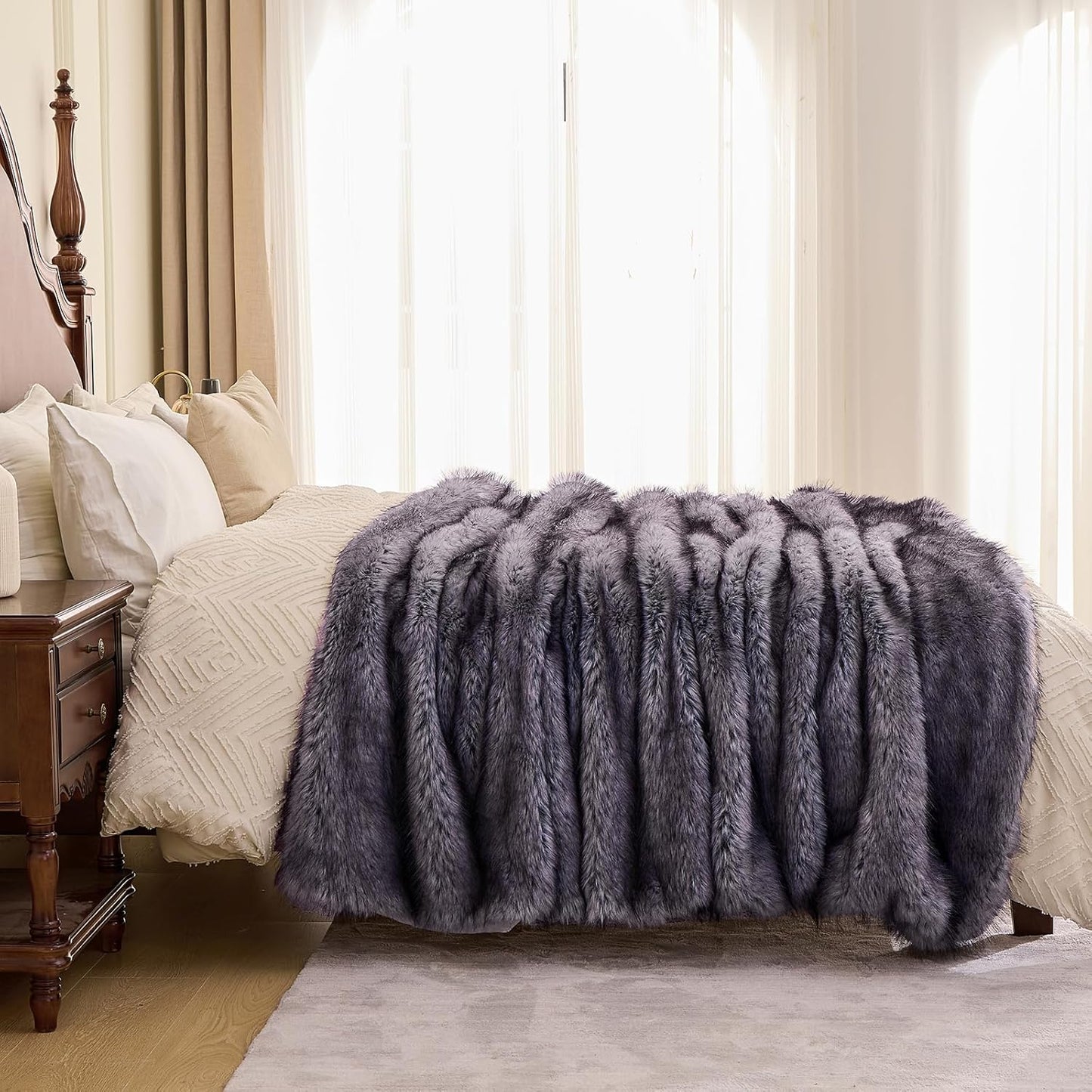 Fluffy Faux Fur Throw Blanket – Super Soft Warm Thick Plush Blanket for Bed, Couch & Office, Cozy Fuzzy Throw with Flannel Backing,108"x90", Grey