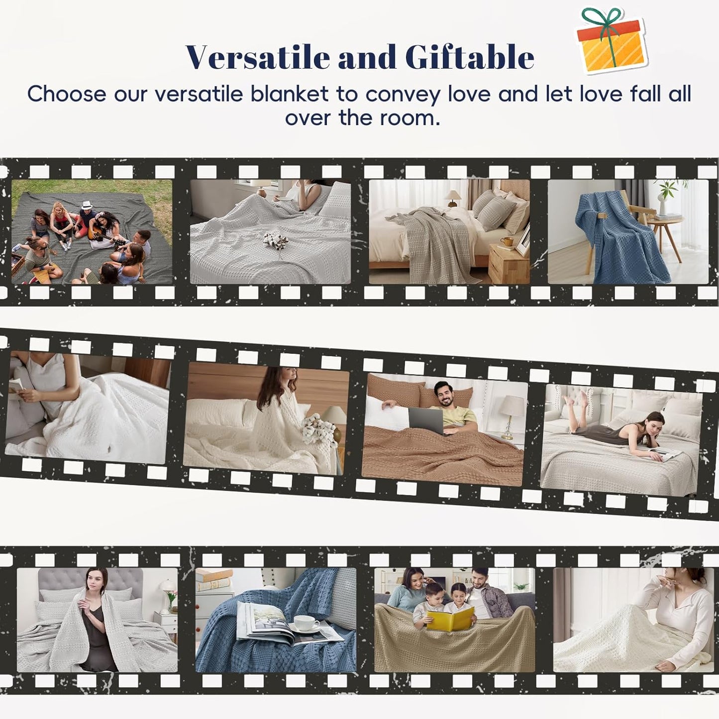 PHF 100% Cotton Waffle Weave Blanket Queen Size, Soft Lightweight Breathable Cozy Summer Blankets for Bed, Luxury Aesthetic Woven Bedding for Home Decor, 90"x90", Sky Blue