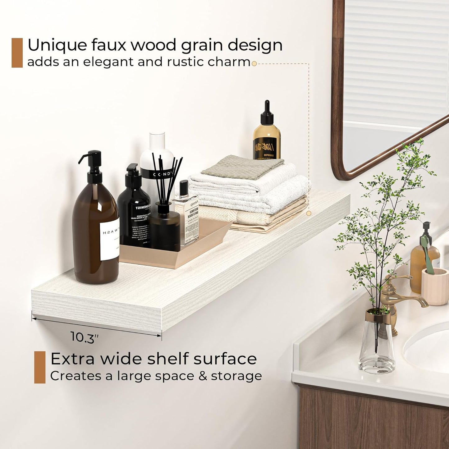 Floating Shelves - 10.3 Inch Deep Wall Shelf for Decor & Storage - Wall Mounted Display Shelving with Invisible Heavy-Duty Metal Bracket - 36" W x 10.3" D x 1.8" H - Set of 1 - Rustic White