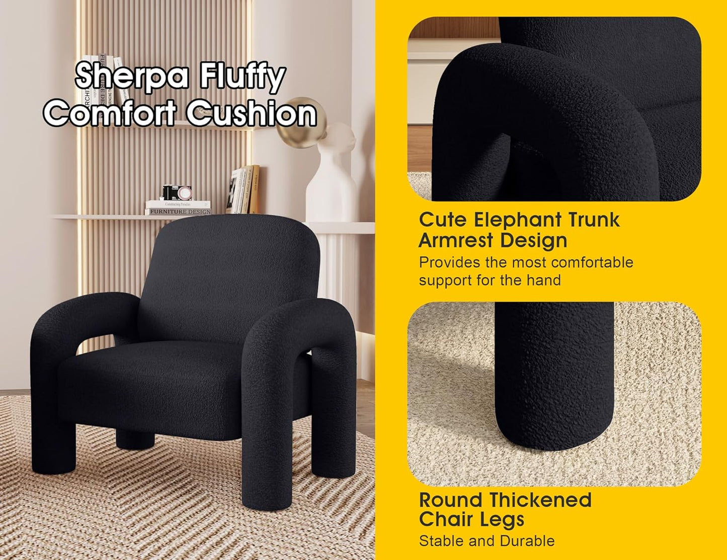 Modern Sherpa Accent Chair, Teddy Upholstered Arm Single Sofa, Cozy Fluffy Reading Chair for Living Room, Bedrooms, Corner (Black)