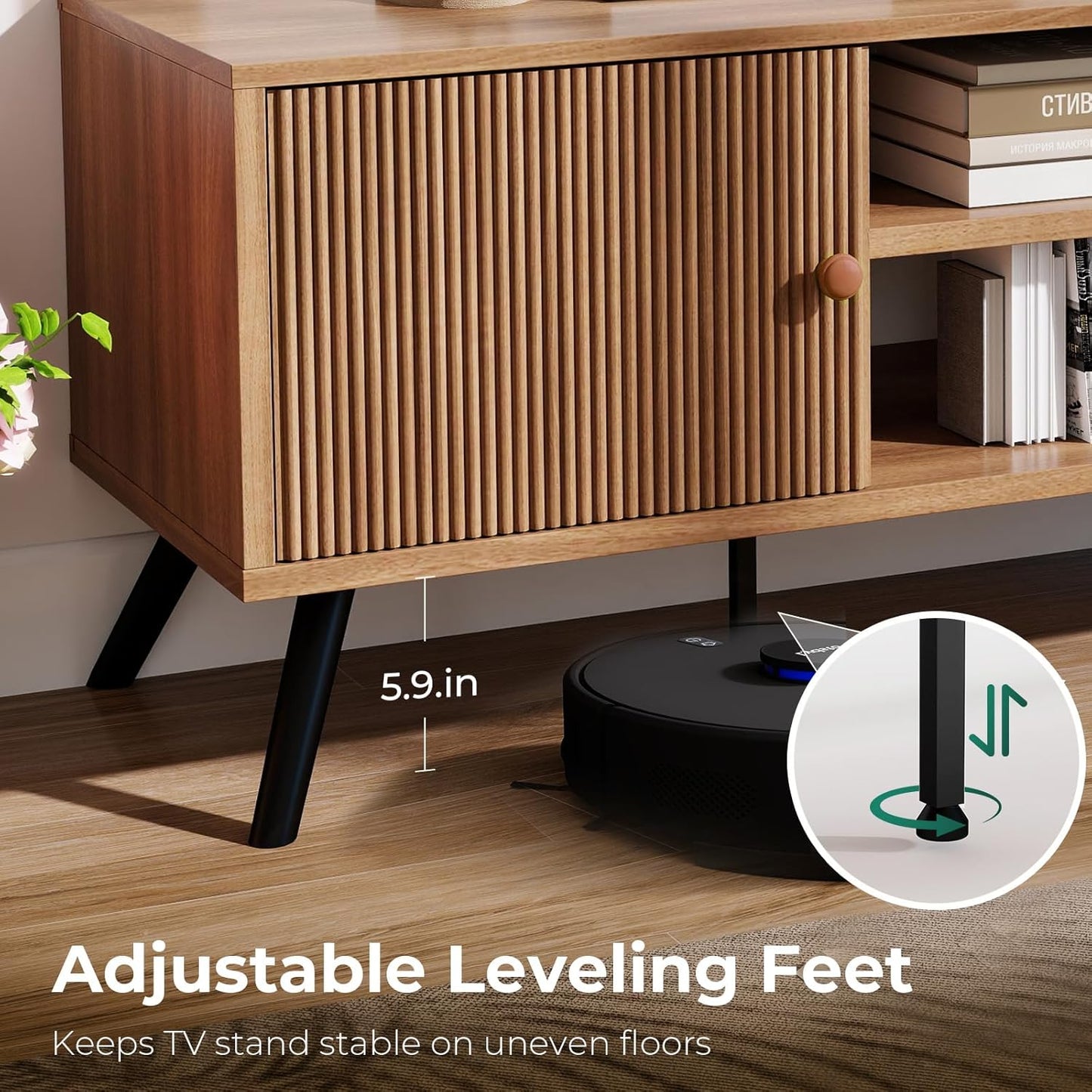 COMHOMA TV Stand for Living Room, Mid Century Modern Entertainment Center for 55/60/65 Inch TVs, Retro Brown TV Console with Fluted Door Cabinets and Open Adjustable Shelve Storage for Bedroom