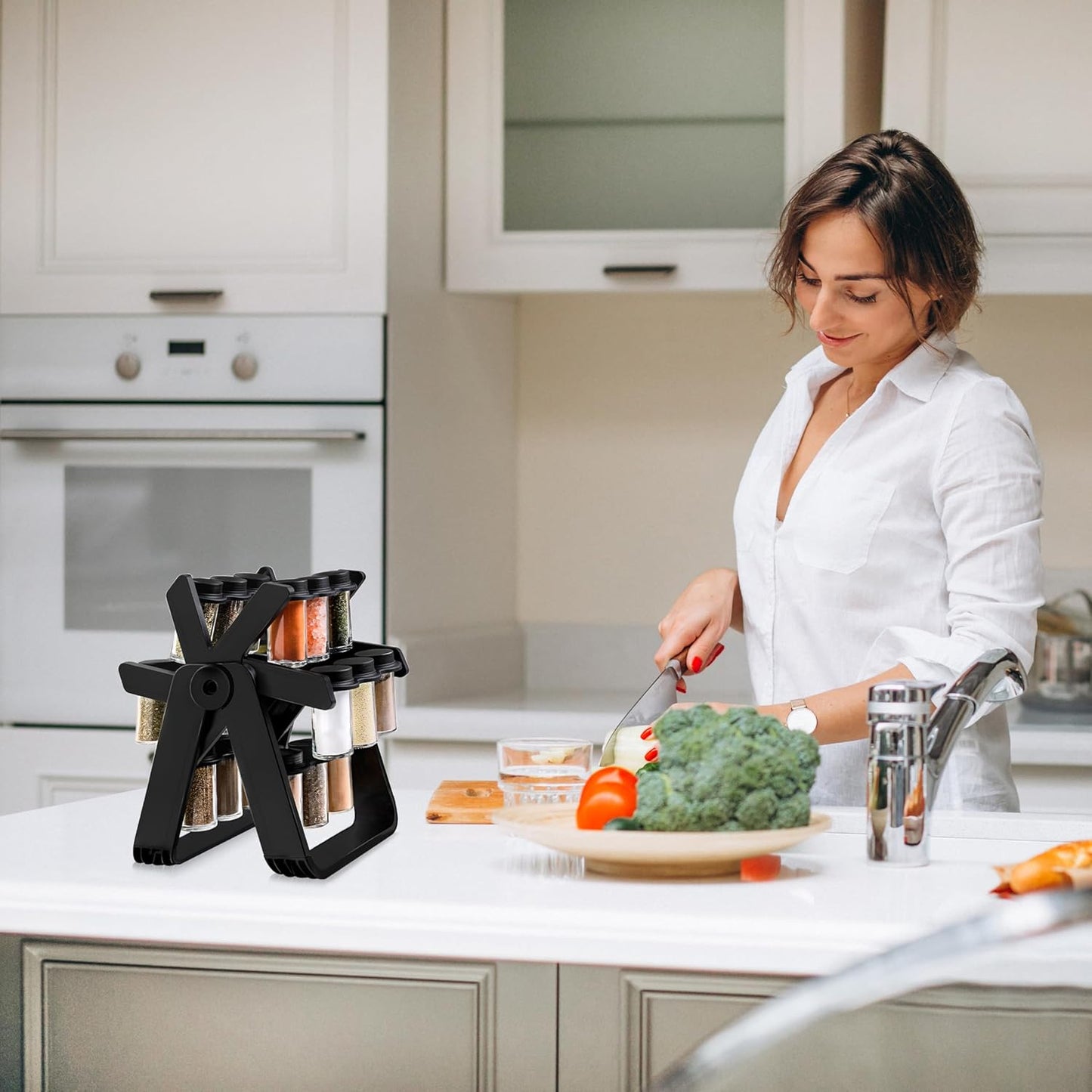 Rotating Spice Rack - Revolving Ferris Wheel Countertop Spice Organization with 18 Glass Spice Jars Countertop Spice Storage Rack for Families Kitchen