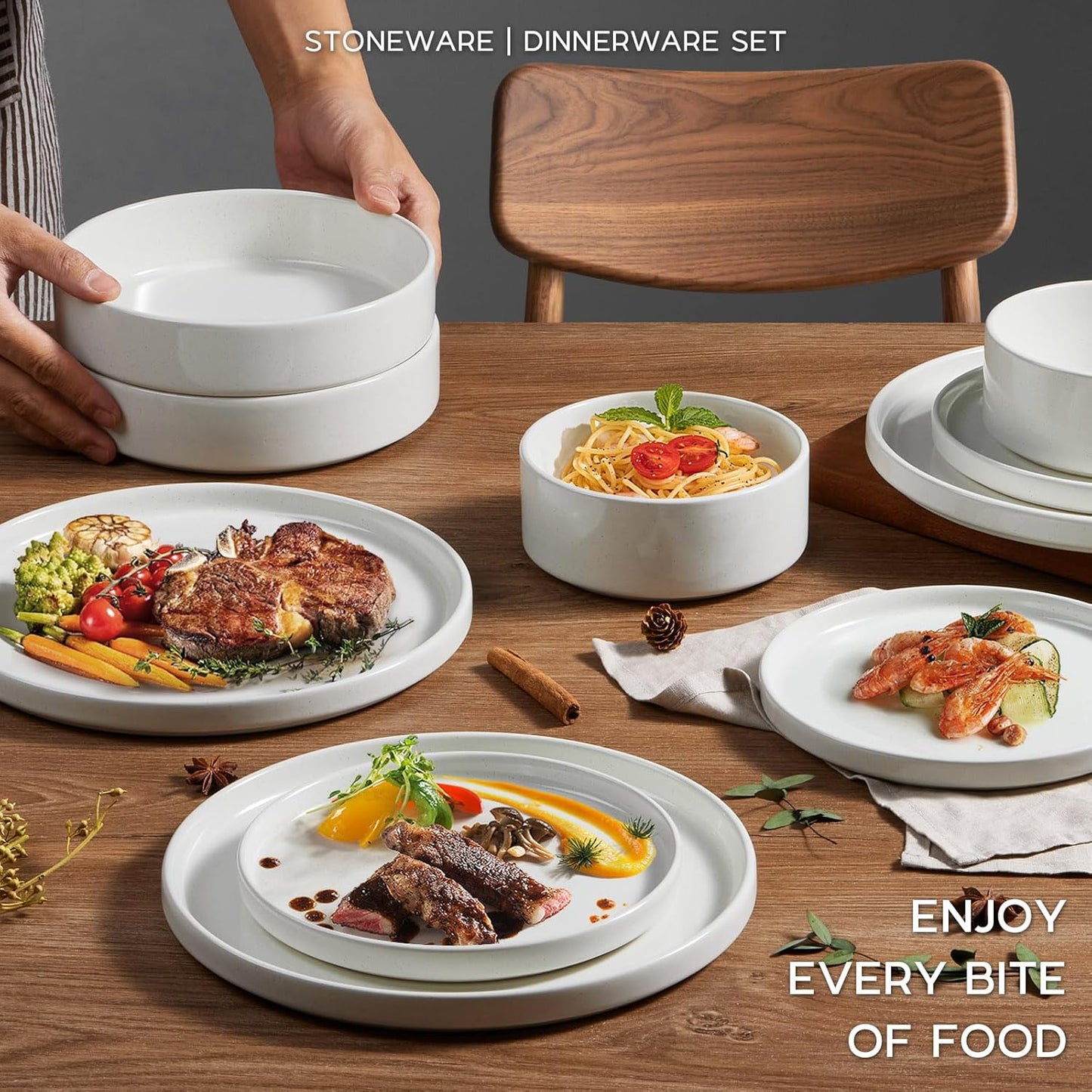 Stoneware Dinnerware Sets for 2, Onader Speckled Plates and Bowls, 8 Pieces Ceramic Dish Dinner Set with Pasta Bowl, Microwave & Dishwasher Safe - Cloud White