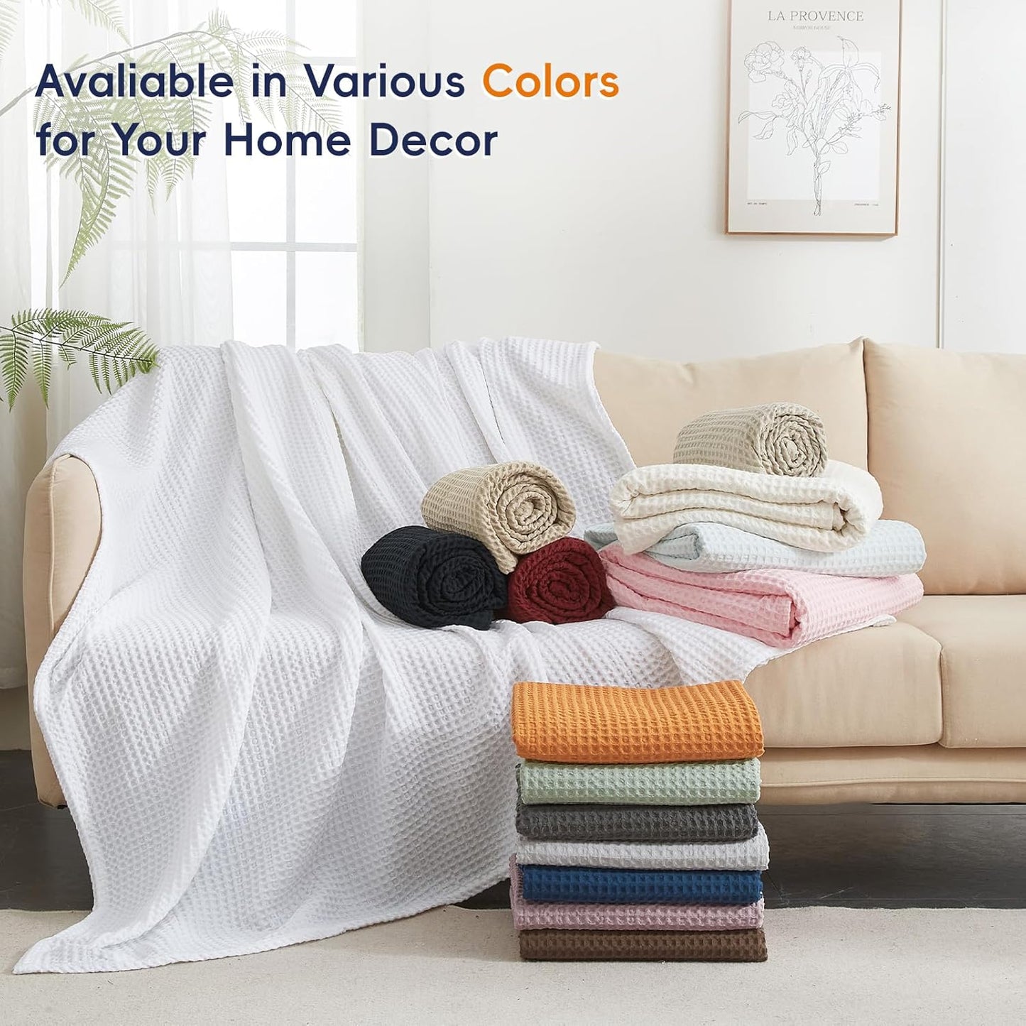 PHF Ultra Soft Waffle Weave Blanket Queen Size 90"x 90"- Washed Lightweight Breathablee Cozy Woven Blanket - Great for Couch Bed Sofa Home Car - Navy Blue