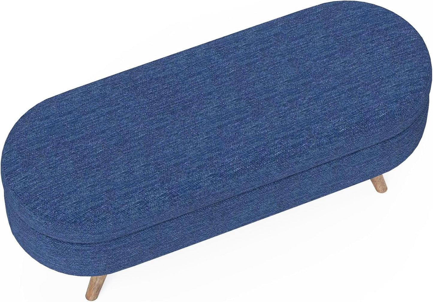 Oval Storage Bench 43.5" Linen Fabric Upholstered Entryway Bench with Solid Wood Legs Ottoman Bench Indoor Bench for Living Room/Bedroom/End of Bed/Entryway (Dark Blue)