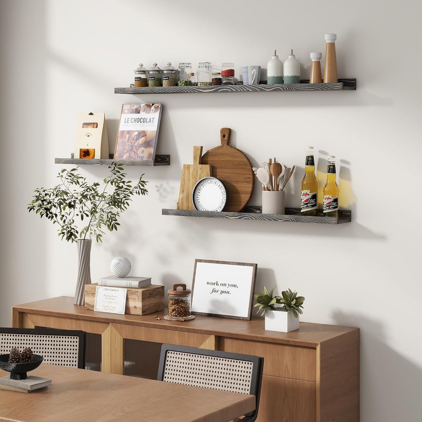 Picture Ledge Wall Shelves 56 Inches Width Set of 3, Solid Pine Wood Rustic Floating Ledge for Kids' Room Bedroom Kitchen Bathroom, Long Floating Shelves for Wall Decor, Grey