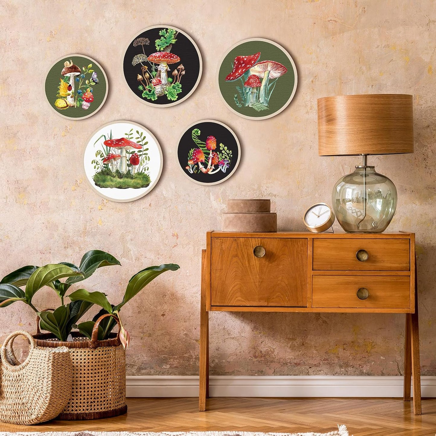 Qunclay 5 Pcs Wall Art Decor Wooden Living Room Wall Decor Bohemian Hanging Farmhouse Geometric 10'' and 8'' Aesthetic Wood Minimalist Posters for Bedroom(Mushroom)