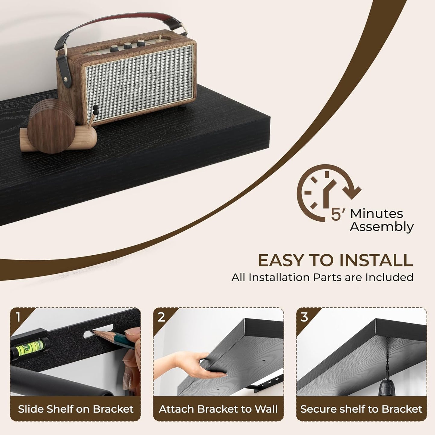 RICHFOCUS 48Inch Floating Shelves for Wall 1 Pack Shelves for Bedroom|Kitchen|Bathroom Wall Mounted Rustic Wood Floating Shelf with Invisible Brackets for Books|Storage|Decor, Black