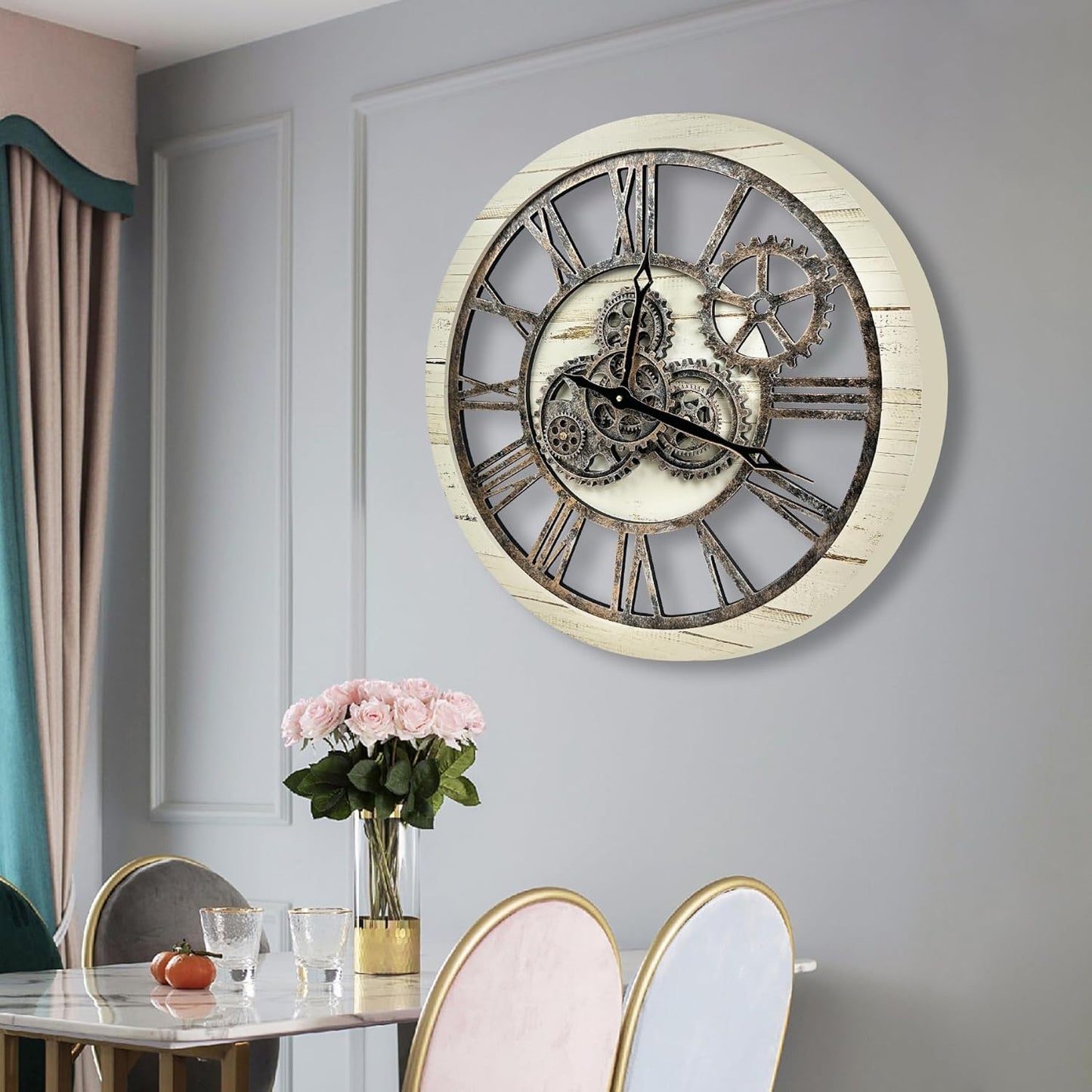 The B-Style Large Wall Clock 24 inch Moving Gear Wall Clock Oversized Vintage Farmhouse Wall Clocks for Living Room Decor Rustic Industrial Wood Clock (Desert Beige, 24 inch/60cm)