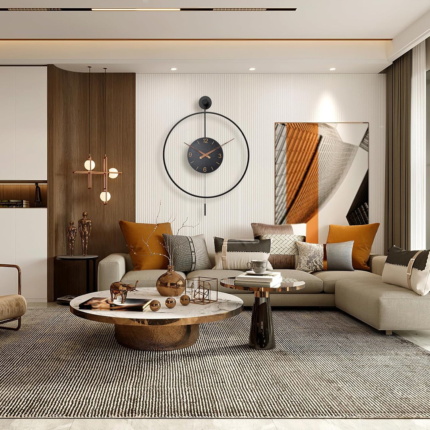 Large Modern Wall Clock,30.7× 20 Inch Big Metal Minimalist Arabic Numeral Dial,Decorative Farmhouse Pendulum Wall Clocks with Walnut Pointers forLiving Room Decor, Office,Dining Room