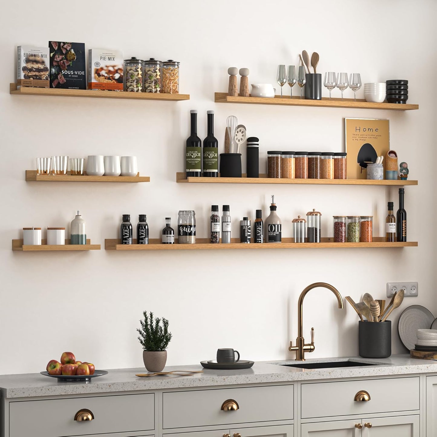 Heimlove Picture Ledge Shelf, Floating Shelves Set of 2, 36 Inches Picture Shelf for Wall with Ledge, Kids Bookshelf Wall Mounted for Living Room Bedroom Decor Books Photo Frames - Natural Oak