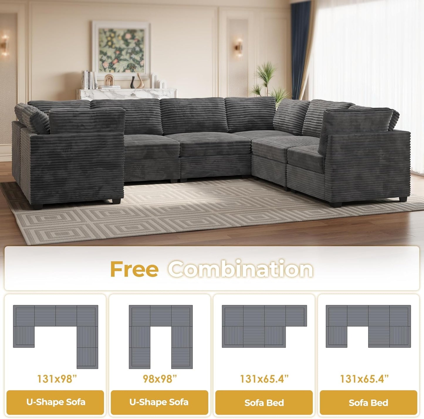 HOOOWOOO Modular Sectional Sofa,7 Pieces Sectional Couches for Living Room,131X98 U Shaped Cloud Couch Set(Grey Velvet Corduroy)