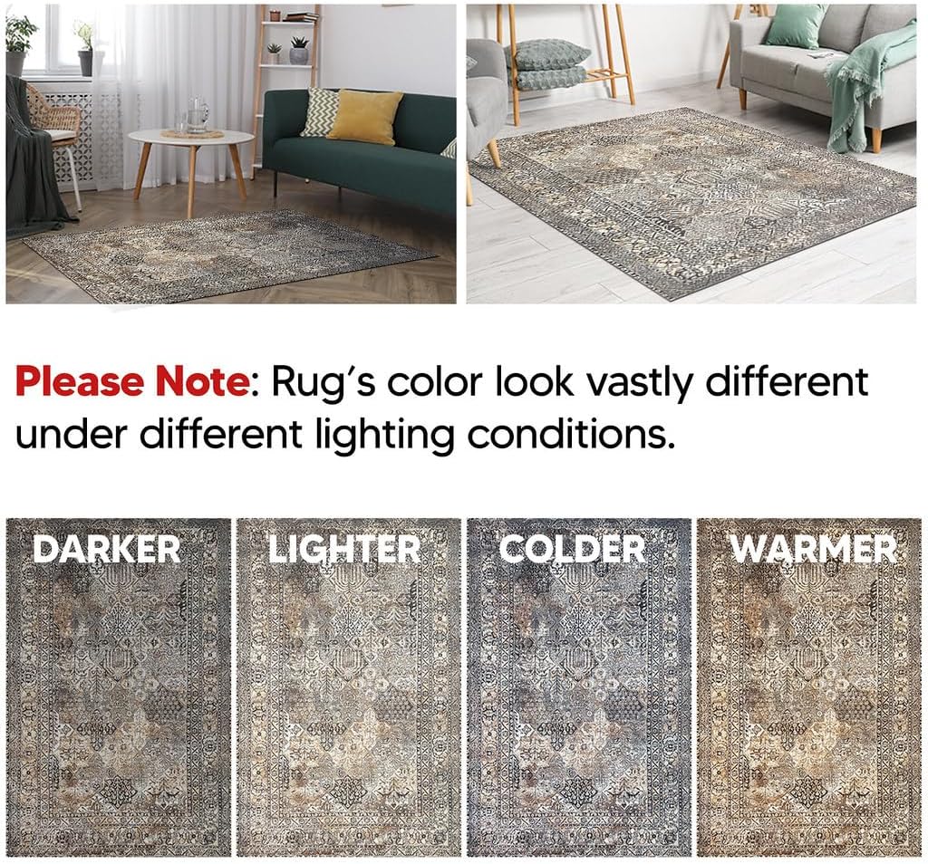 Keen Home Design 4x6 Rug - Machine Washable Area Rug with Non-Slip Backing, Ideal for Living Room, Dining Room, Bedroom - Vintage, Easy Clean, Durable, Low Pile Rug - (4' x 6')