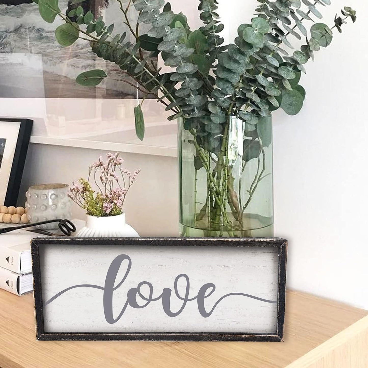 Love Framed Rustic Freestanding Sign Home Decor for Living Room Bedroom - Love Wall Art in Solid Wood Thick Black Frame 12x5 Inches for Couples