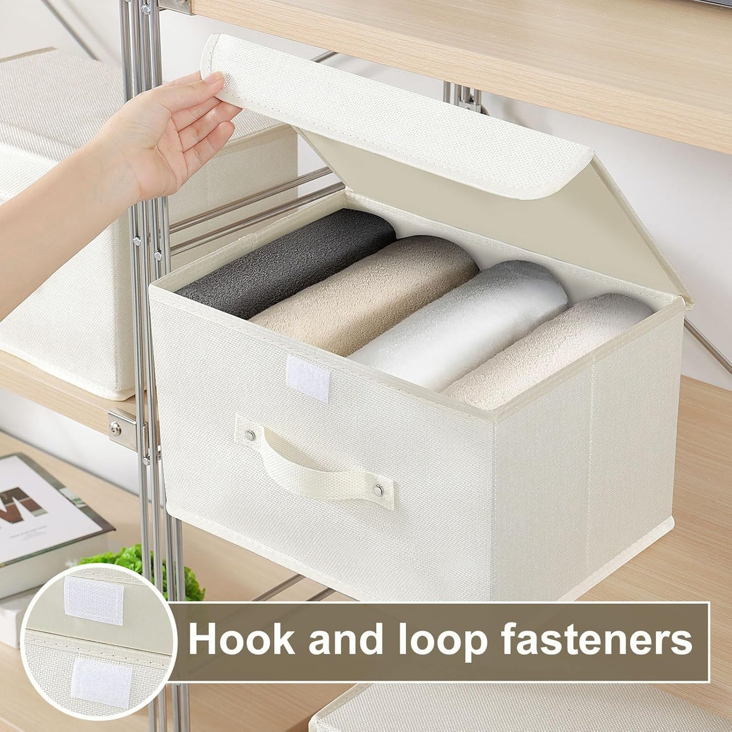 Storage Boxes, Collapsible Storage Bins with Lids, Cotton and linen cloth Storage Baskets with Handle, for Books, Closet, Bedroom, Home, 13x9.1x7.9 in, Beige