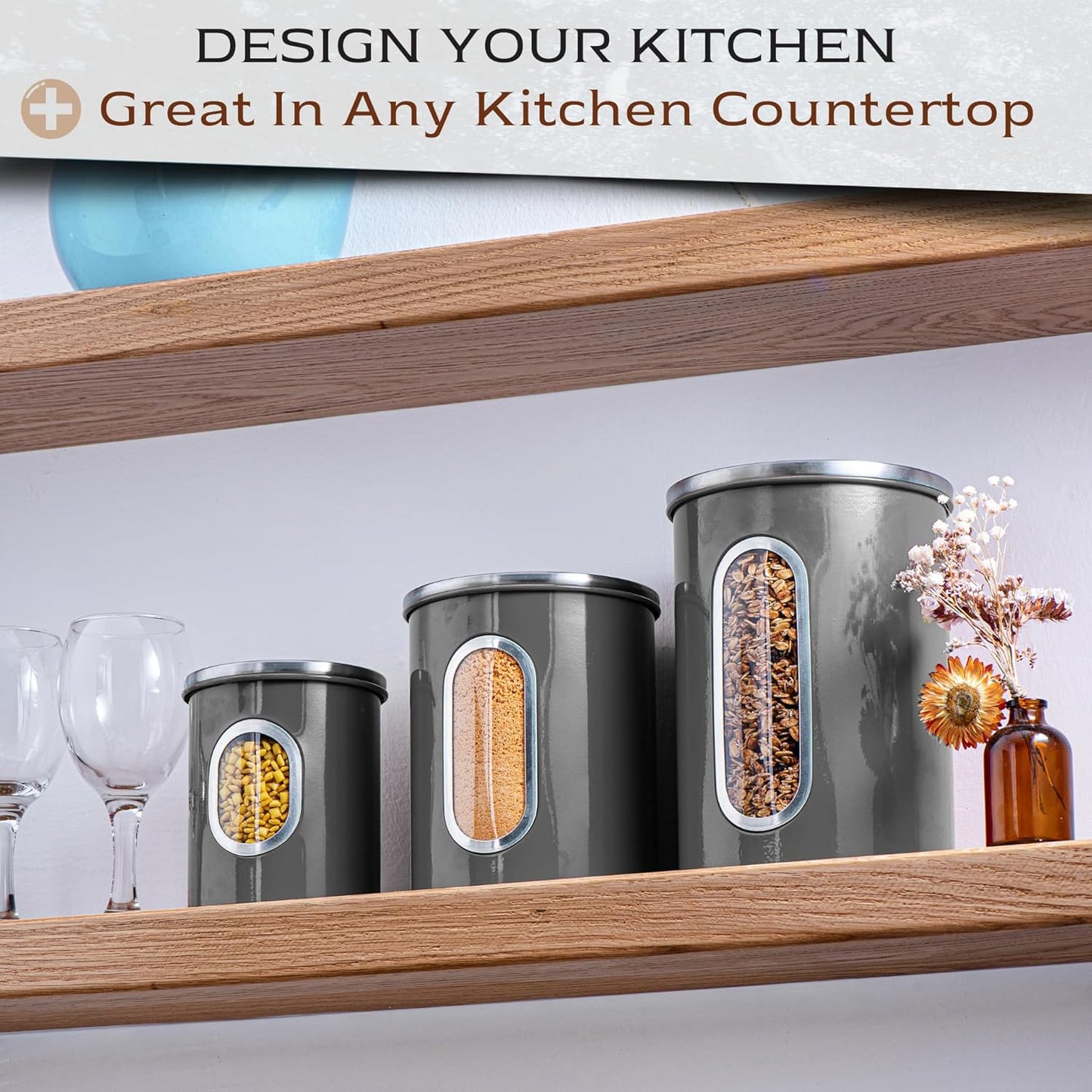 Moss & Stone 3-Piece Gray Canisters Sets For The Kitchen, Airtight Canister Set With See Through Window, Storage Jars for Coffee Container, Tea Organizer & Sugar Canister, Gray Kitchen Canisters