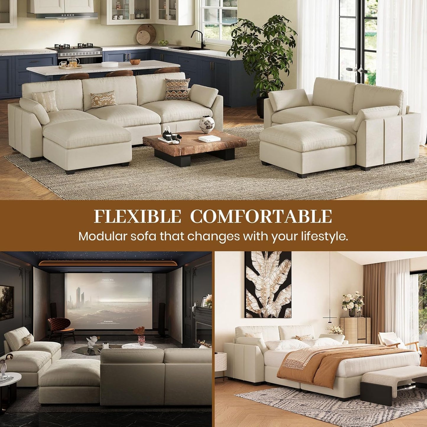 Belffin Sectional Couch with Extra Deep Seat,137.8" Cloud Modular Sectional Sofa,Convertible 6-Seater U Shaped Couches for Living Room,Oversized Comfy Velvet Beige Couch