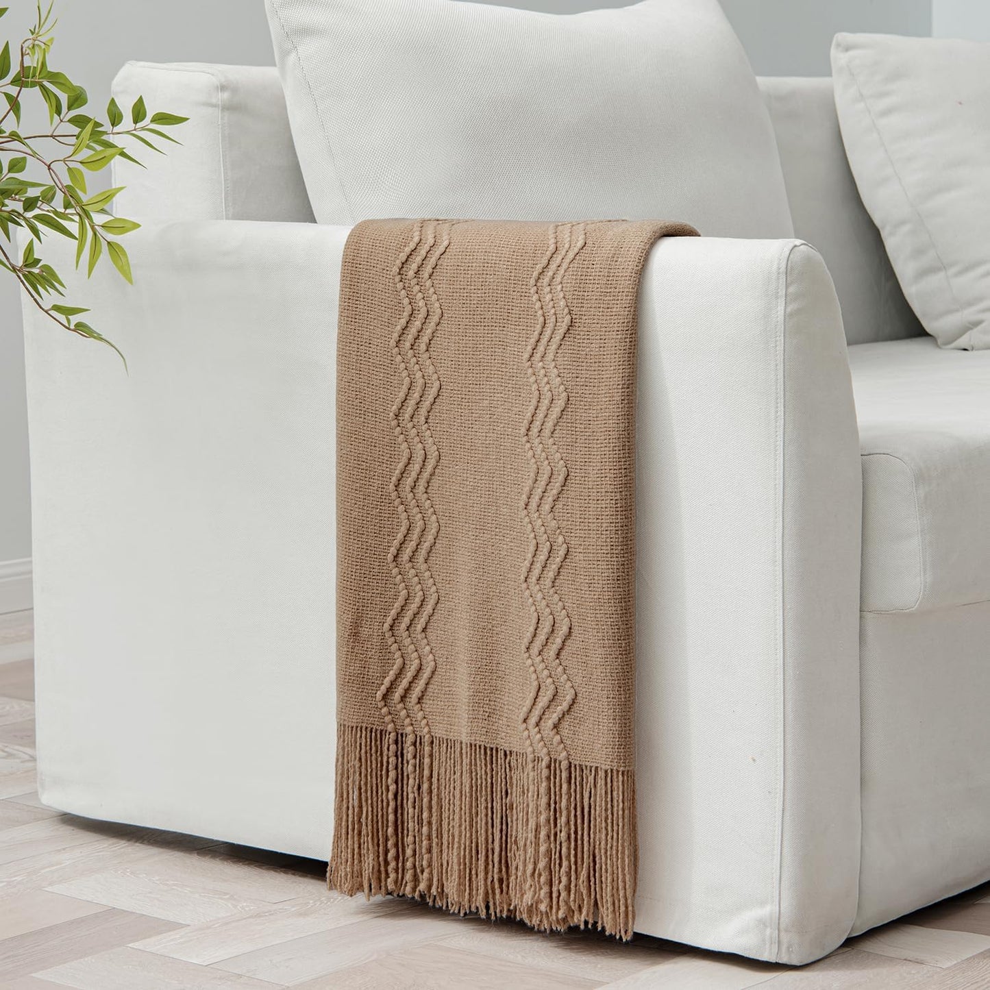 MIULEE Tan Taupe Knitted Throw Blanket for Couch Boho Textured Cozy Woven Blanket with Tassels for Sofa Chair Bed Living Room Farmhouse Home Decor Acrylic Wave Pattern 50"x60"