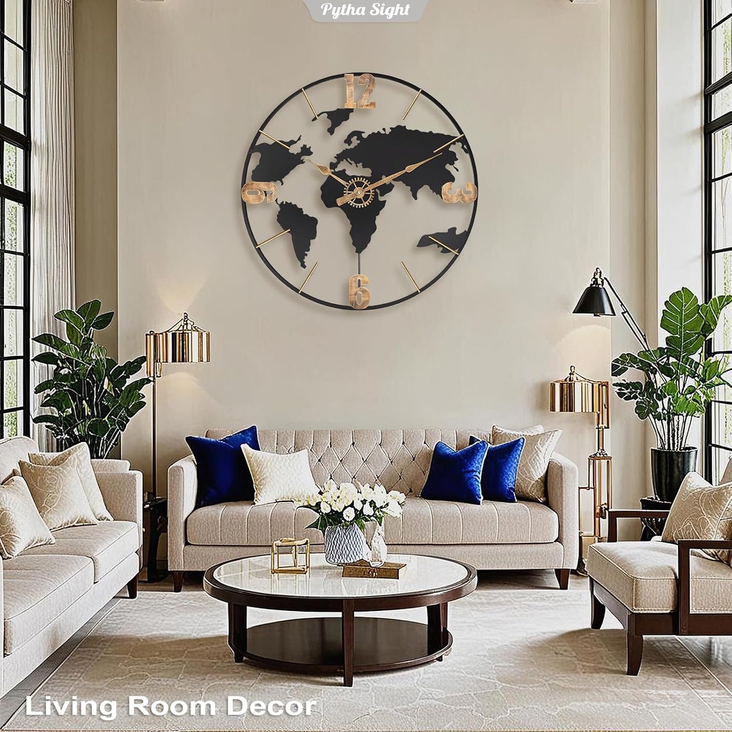 22 Inch Large Wall Clock,Modern Decorative Big World Map with Vintage Gold Arabic Numeral Extra Giant Metal Oversized Wall Clocks for Living Room,Office,Kitchen,Dining Room,Bedroom