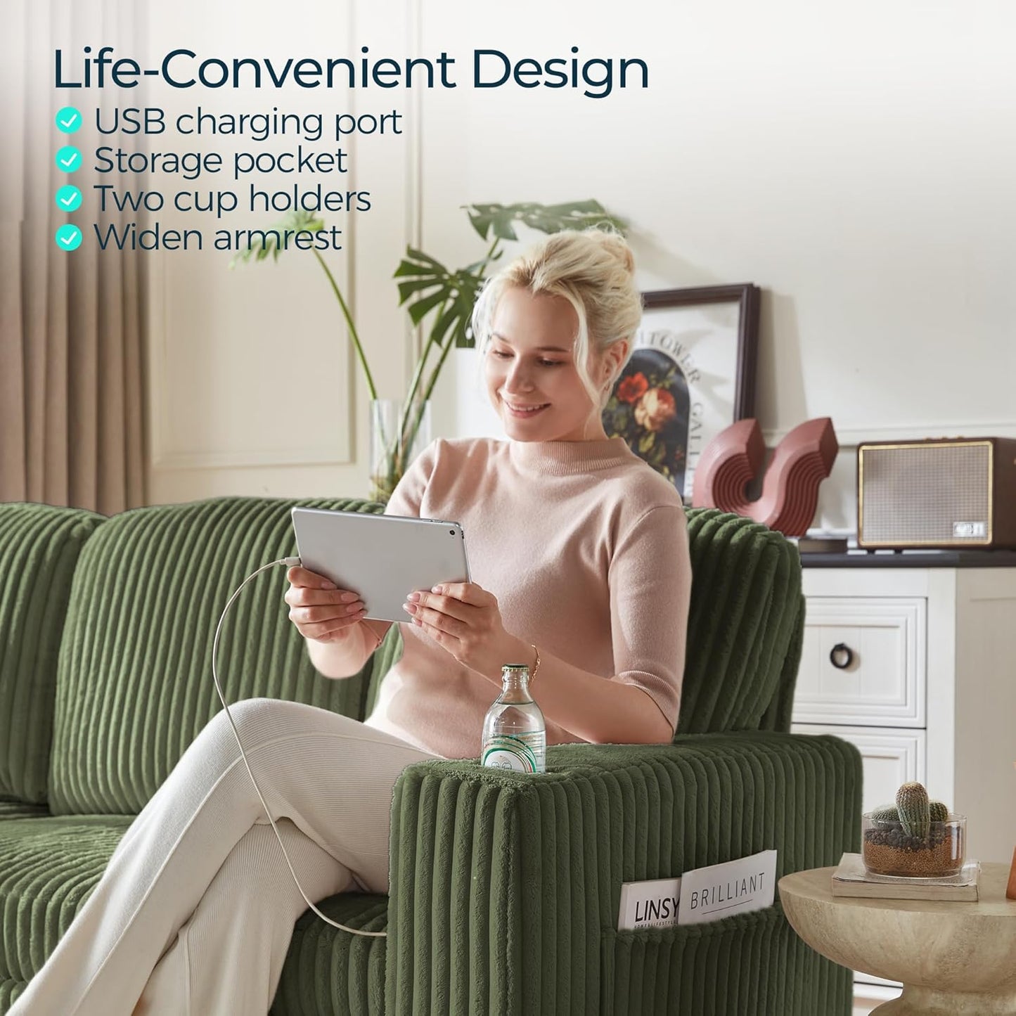 LINSY HOME Loveseat Sofa with Pull Out Couch Chaise: 2-in-1 Convertible 2 Seater Sofa with USB Charging & Cup Holders, Comfy Plush Corduroy Love Seat for Small Spaces Living Room Apartment, Green