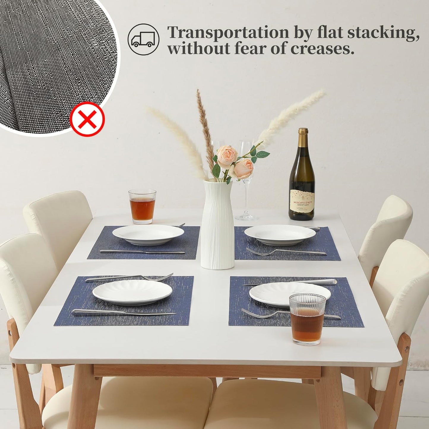 Leetaltree Denim Blue Placemats Set of 4 - Heat Resistant Non-Slip Place mats for Dining Table, Washable Durable PVC Vinyl Woven Table Mats(Denim Blue, 4)