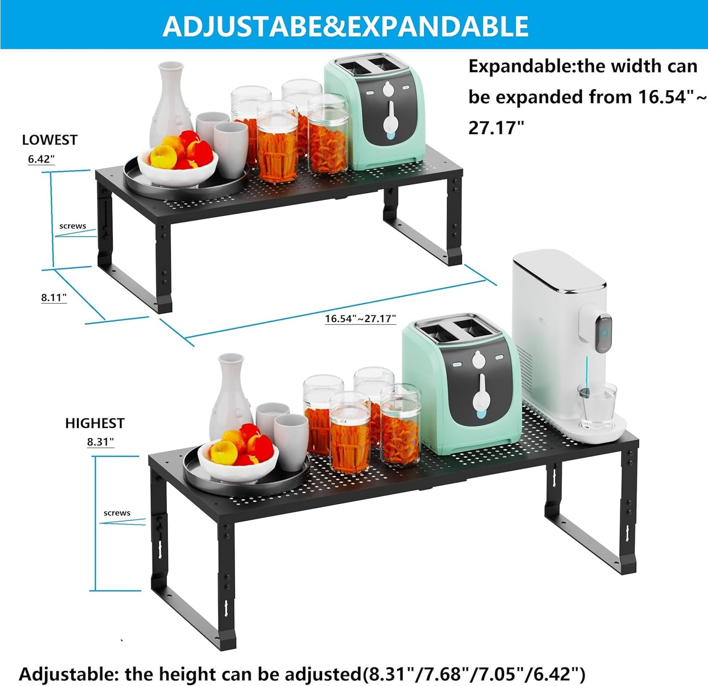 Expandable Spice Rack,Stackable Storage for Cabinet, Multi-Functional Kitchen Shelving,Height-Adjustable,Sustainable Organizer Solution(3Packs/Black/Medium)