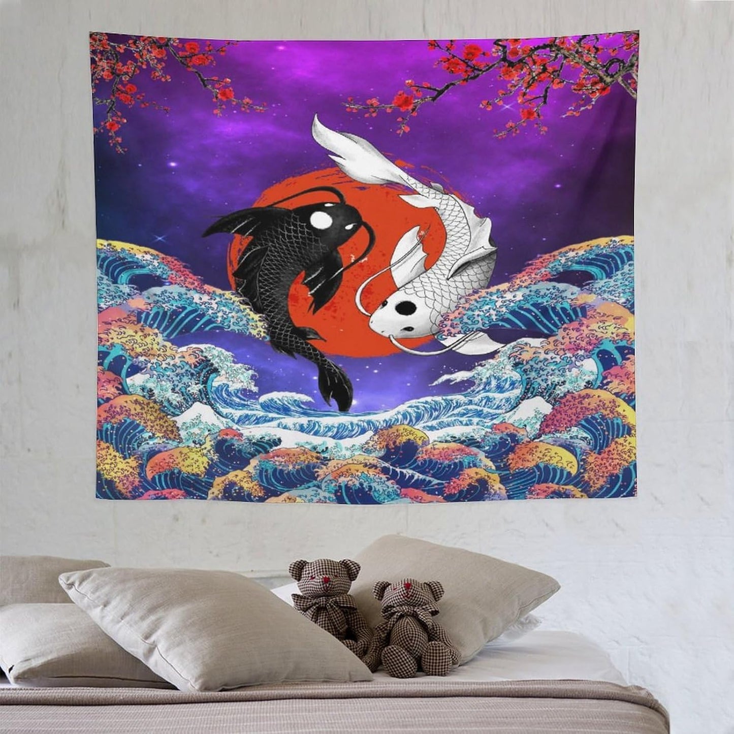 Houselerax Japanese Koi Fish Tapestry, Yin Yang Big Wave Cherry Blossom Tapestries Wall Hanging for Bedroom Living Room Office Decor 60"x50"