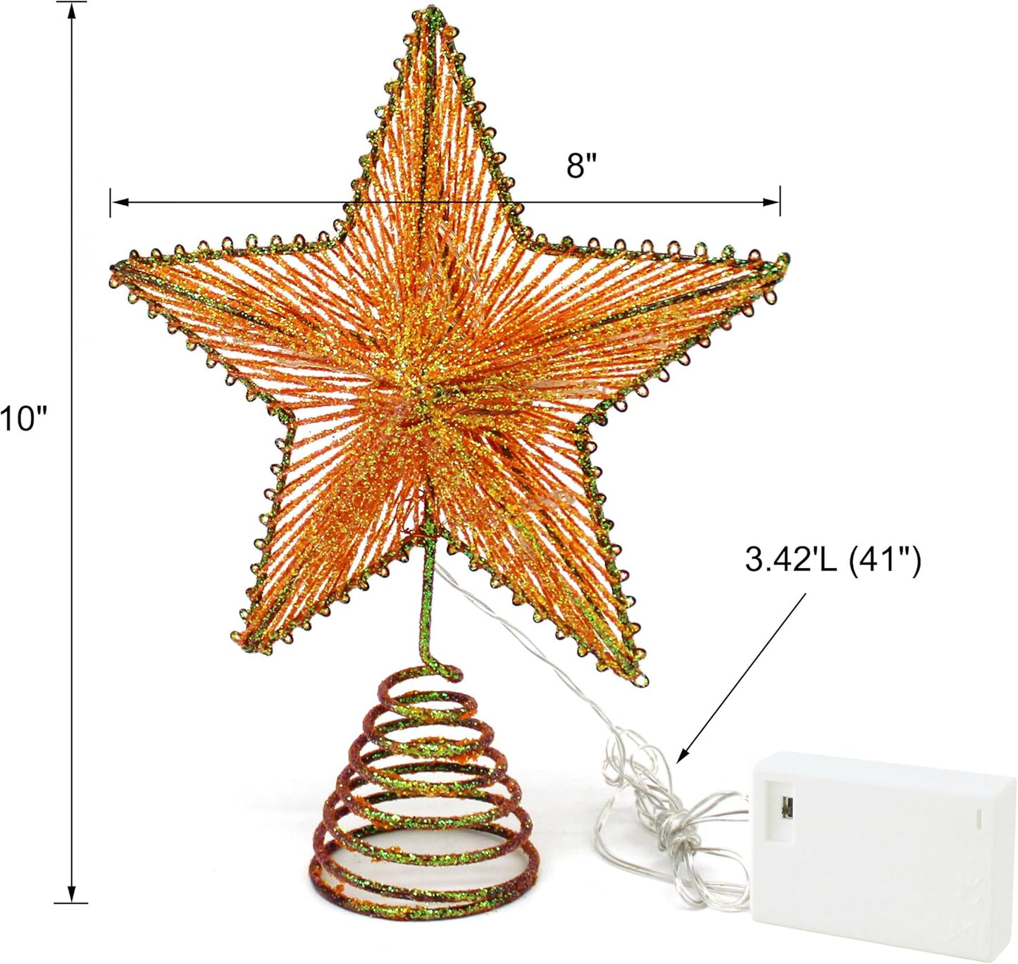 CVHOMEDECO. Champagne Glittered 3D Tree Top Star with Warm White LED Lights and Timer for Christmas Tree Topper Decoration and Holiday Seasonal Décor, 8 x 10 Inch