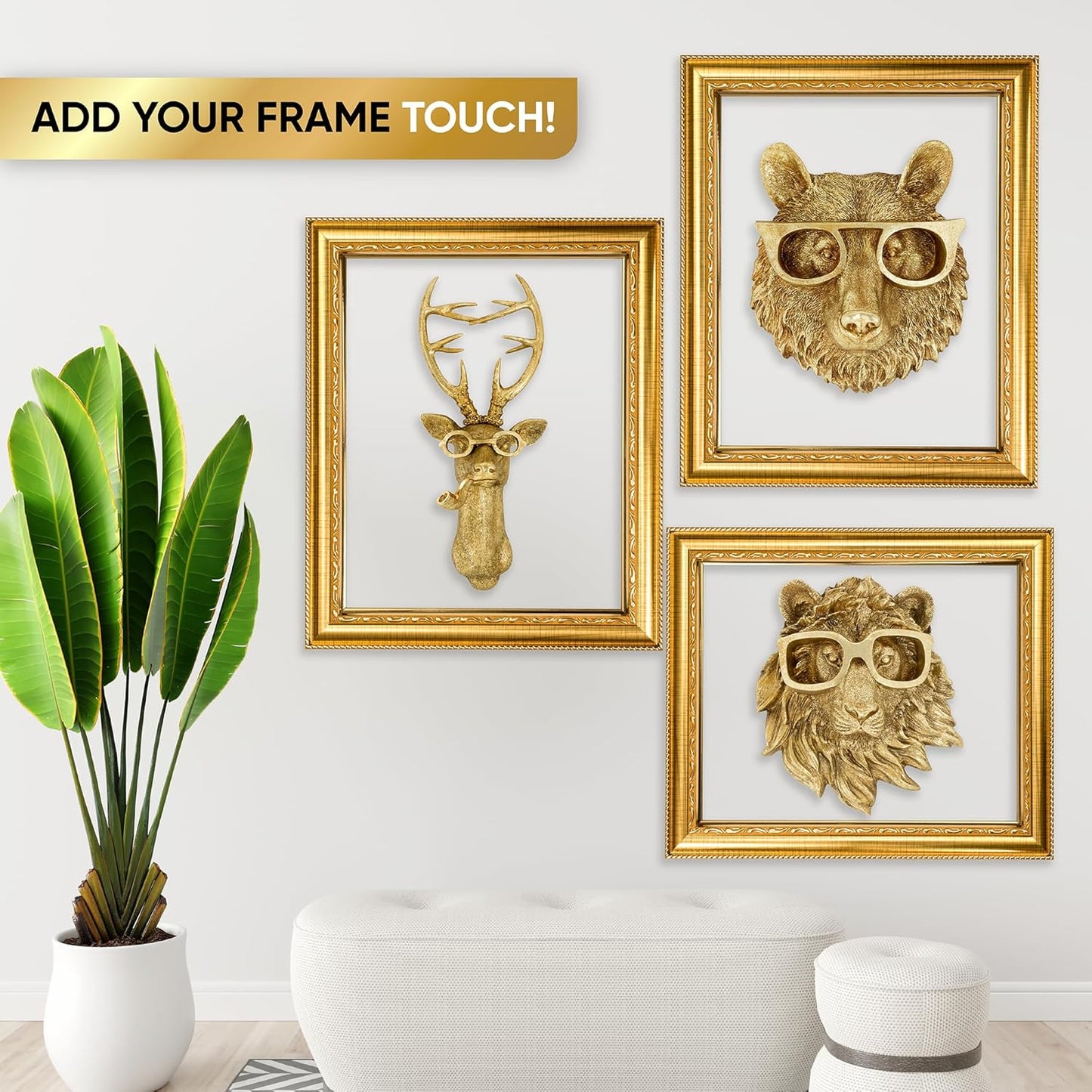 Luxicoze Gold 3pcs Animal Heads Wall Decor - Victorian-Style Lion Head, Bear Head, and Deer Head Wall Mount Decor, Adorned with Spectacles, Resin Home Decor Sculptures for Artistic Living Rooms, Animal Statue.