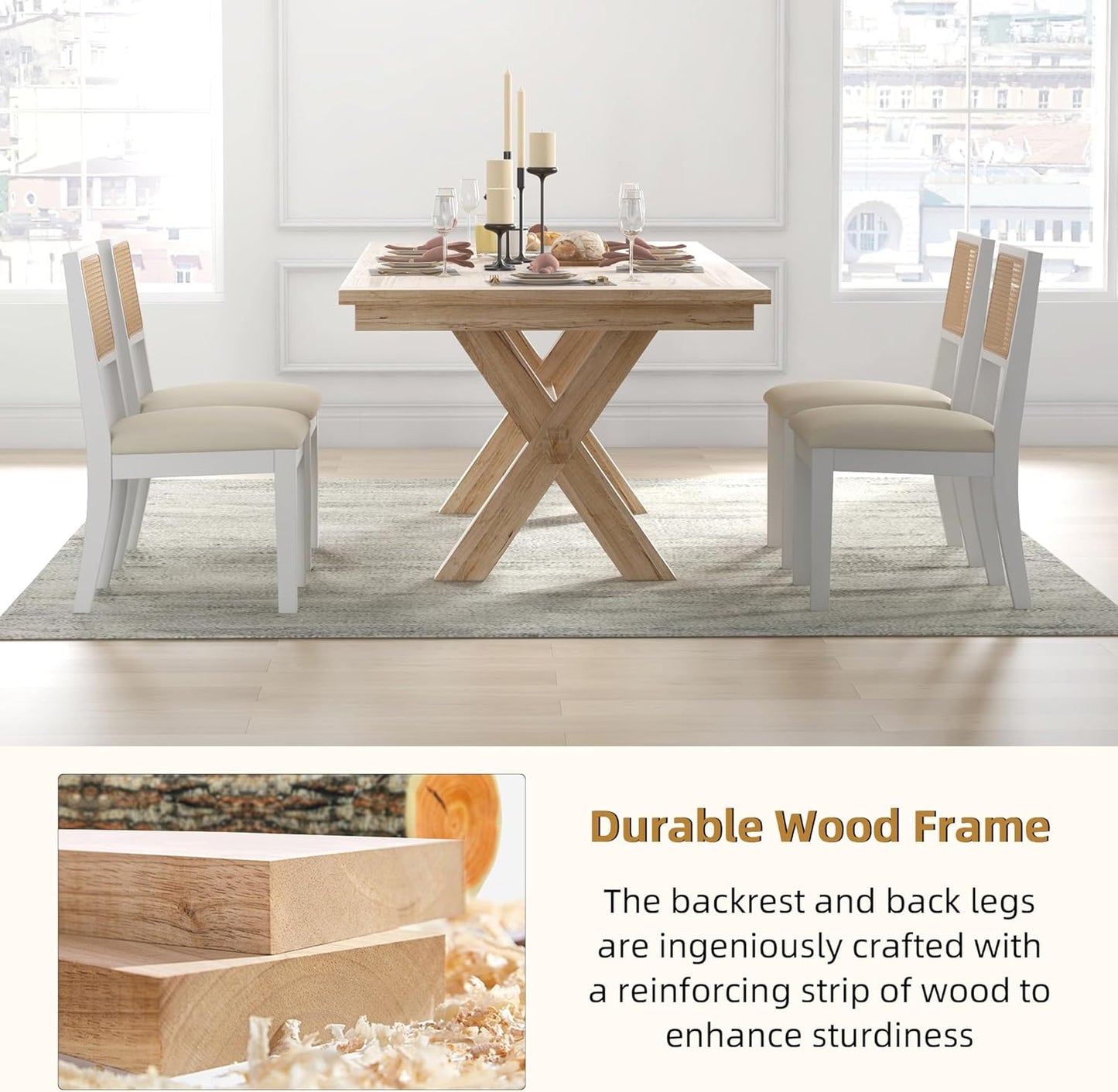 Westice Rattan Dining Chairs Set of 4, Farmhouse Natural Dining Room Chairs with Upholstered Cushion, Wood Armless Chairs for Kitchen/Restaurant, White