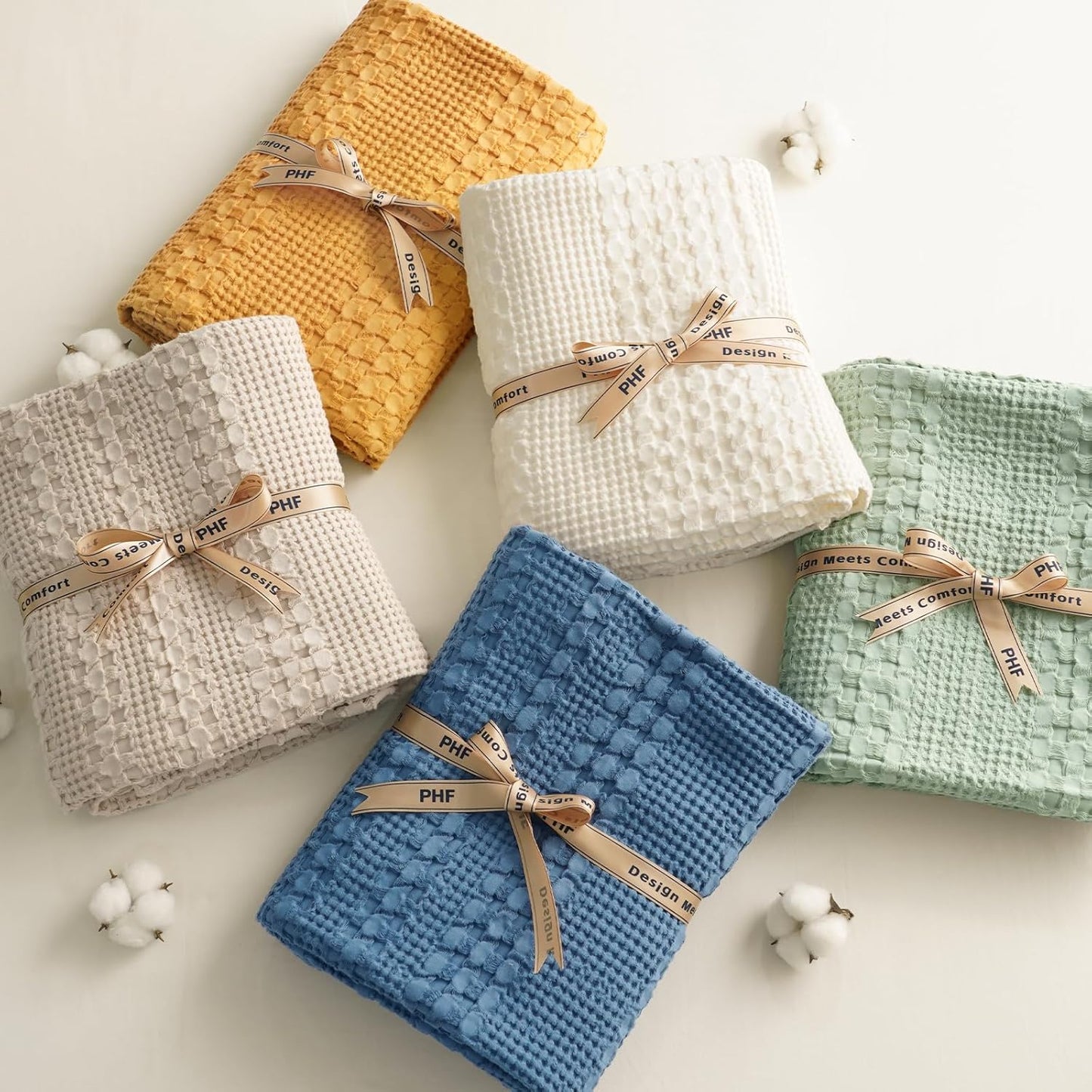 PHF 100% Cotton Waffle Weave Blanket Twin Size, Soft Lightweight Breathable Cozy Summer Blankets for Bed, Luxury Aesthetic Woven Bedding for Home Decor, 66"x90", Ginger/Honey Yellow