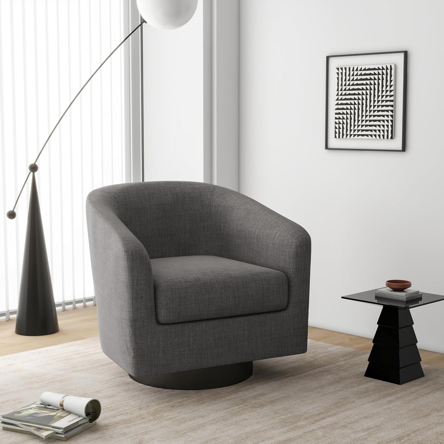 Swivel Barrel Accent Chair, Modern Round Linen Arm Chair for Living Room, Bedroom, Comfy Club Reading Chairs for Adults(Linen Fabric, Grey, Set of 1