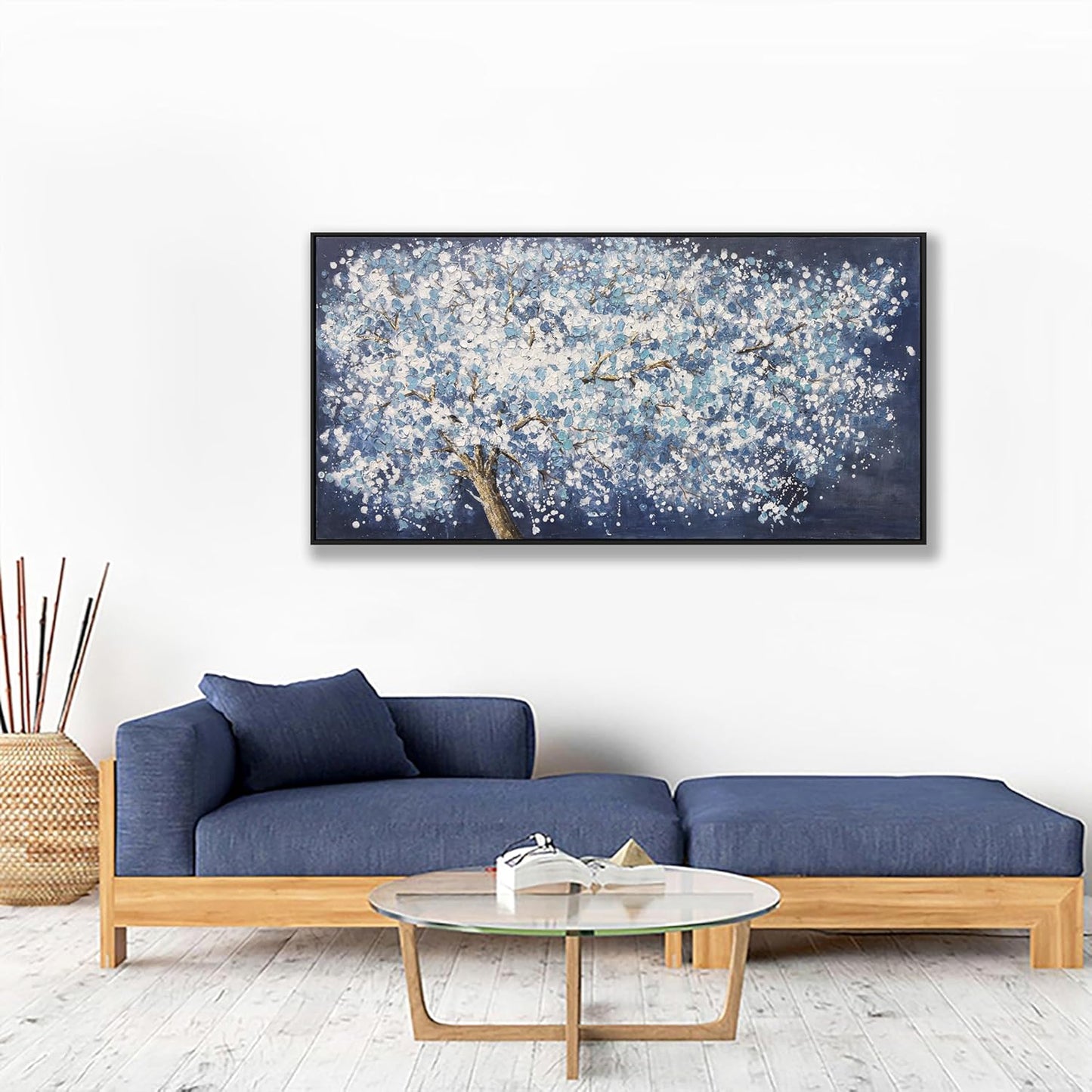 Modern Wall Art Nature Art Canvas Artwork Wall Decor Painting Dark Blue And White Abstract Tree Plants With Framed For Bedroom Living Room Dining Room Home Office Modern Abstract Artwork 24"×48"