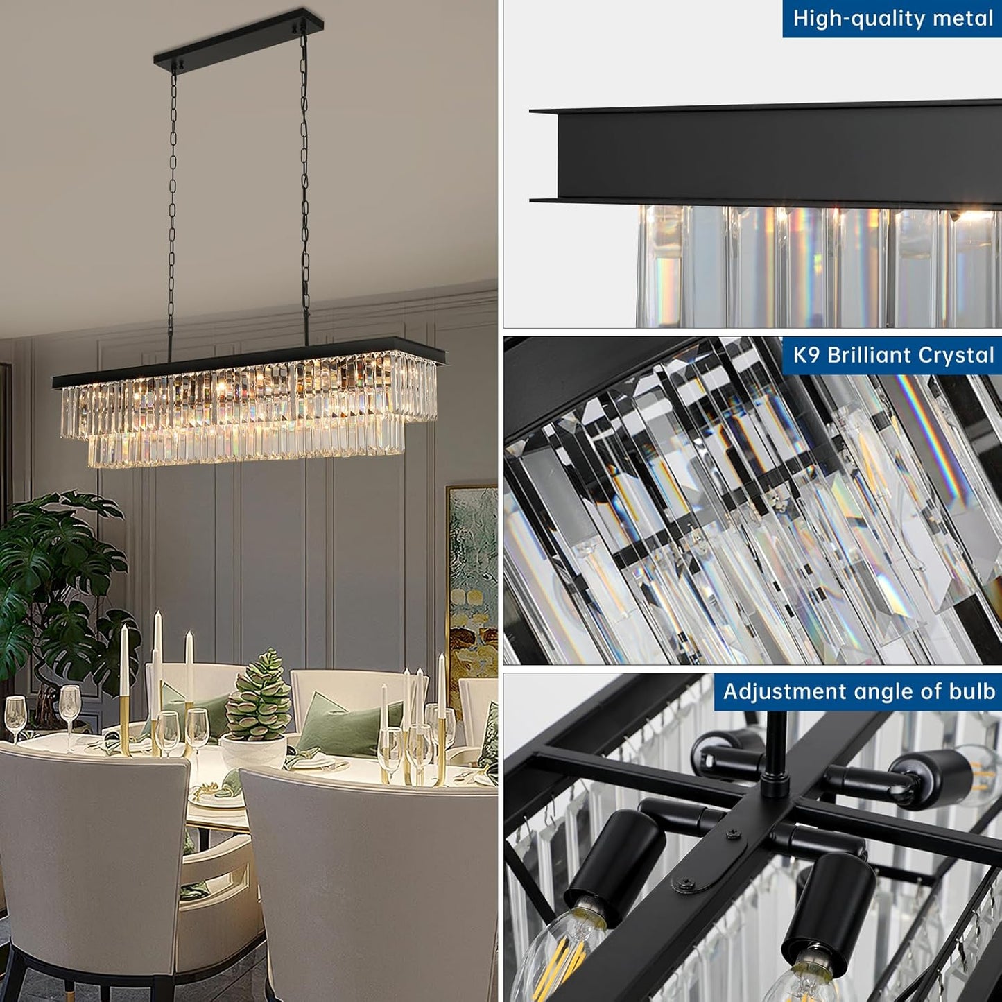 Crystal Chandeliers for Dining Room Light Fixtures Over Table,18-Lights Black Modern Rectangle Chandeliers for Kitchen Island Bar L46 Inch